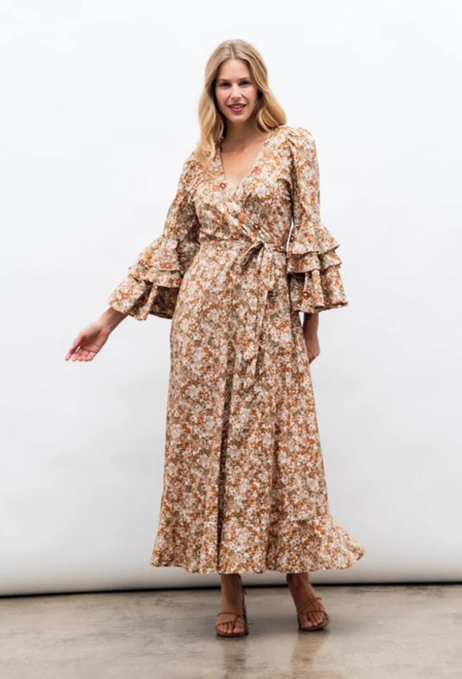 Mi Golondrina Mexico Brown Lola Cafe Floral Ruffle Maxi Wrap Dress Size M